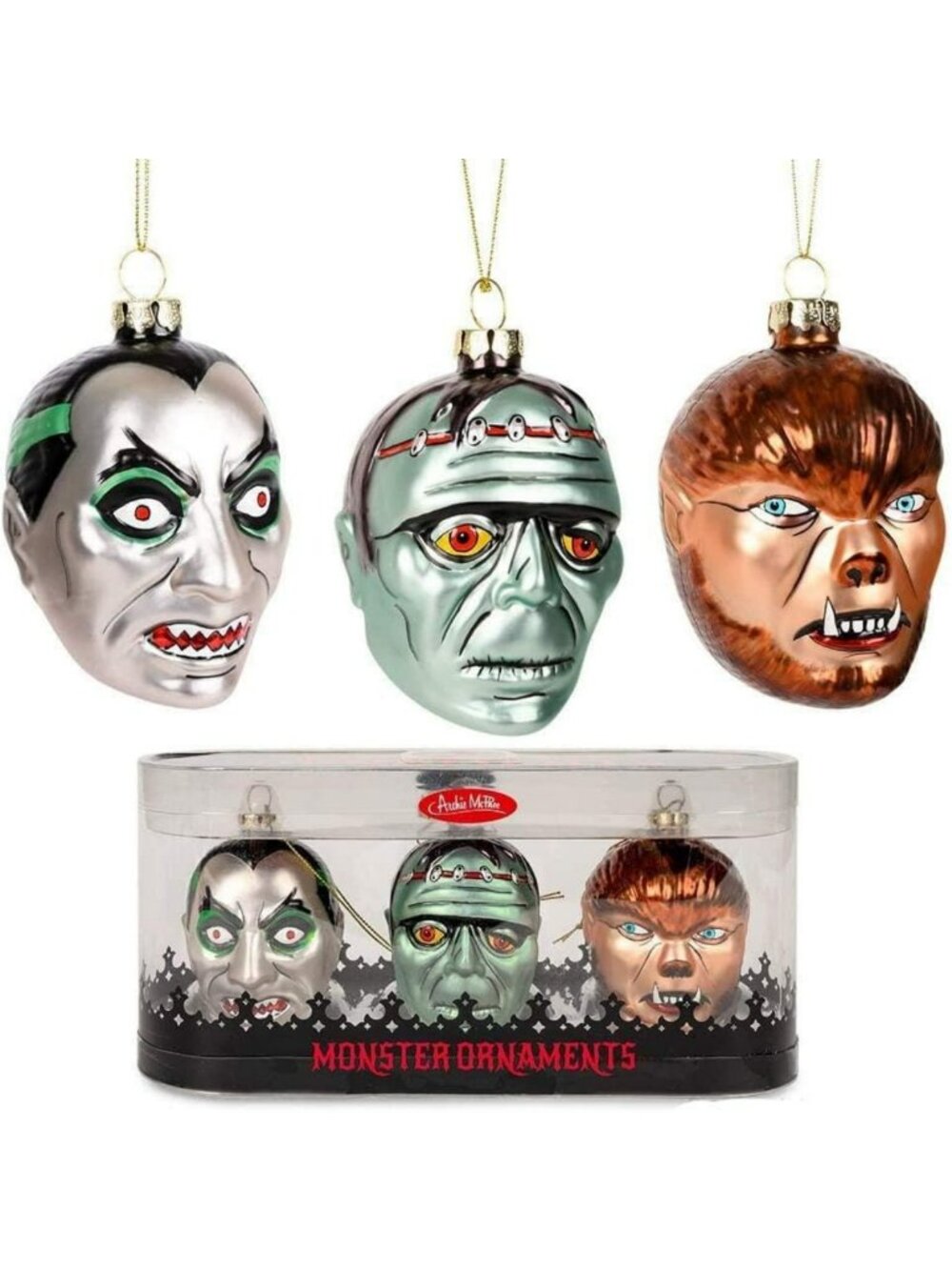 Set of 3 Blown Glass Christmas Ornaments - Dracula, Werewolf, Skeleton Decor